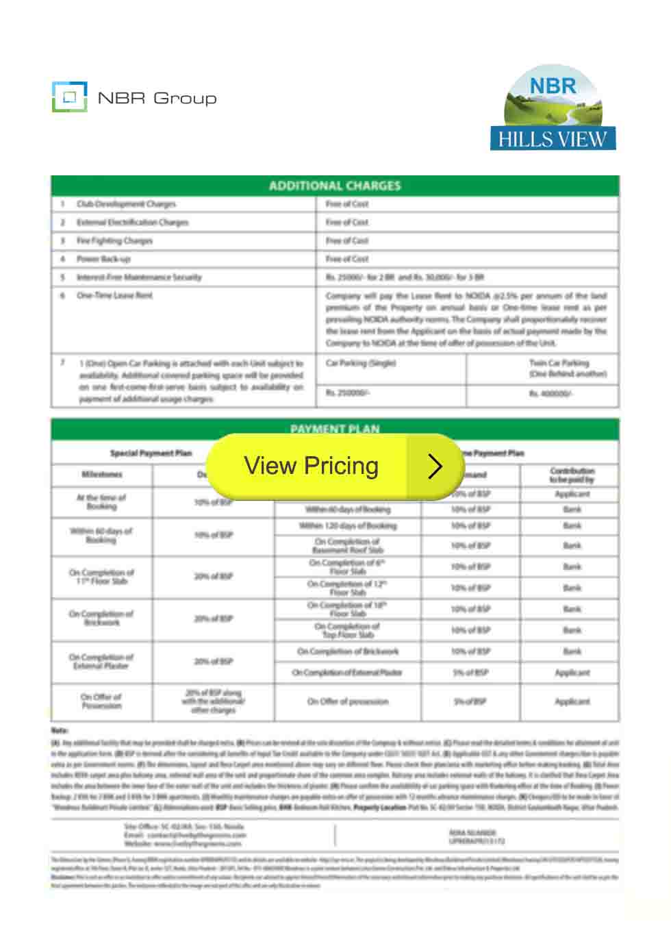 NBR Hills View pricesheet